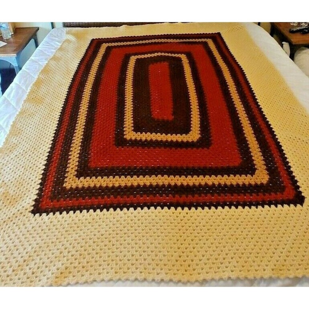 Vintage 70's Crochet Granny Square Afghan Neutrals 75 x 60